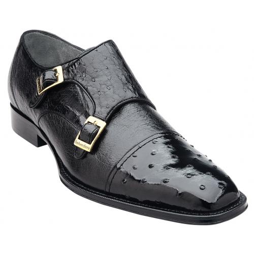 Belvedere "Cotto" Black Genuine Ostrich Leather Slip-On With Two Monk Strap 14002.